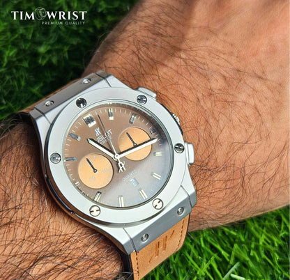 Hublot-Inspired Brown Dial | Silver Case with Brown Leather Strap