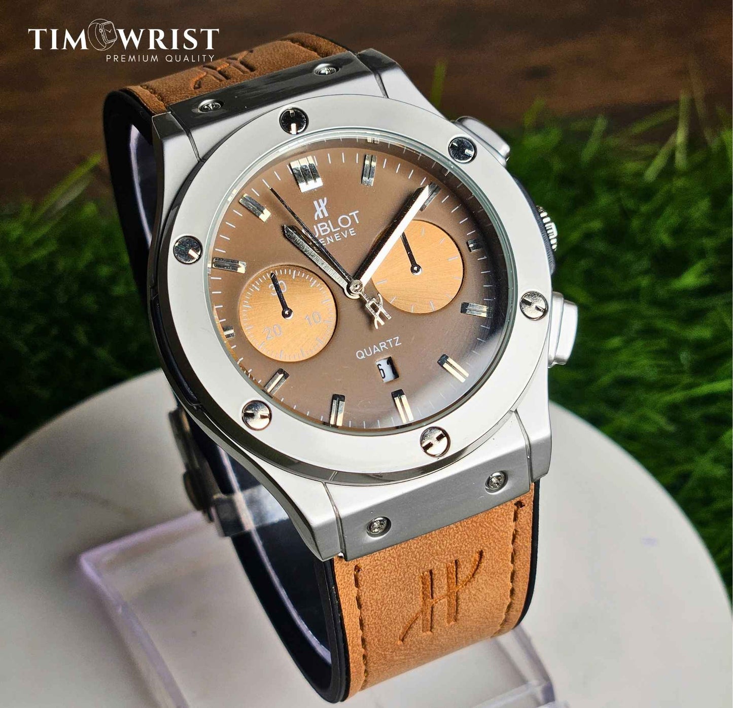 Hublot-Inspired Brown Dial | Silver Case with Brown Leather Strap