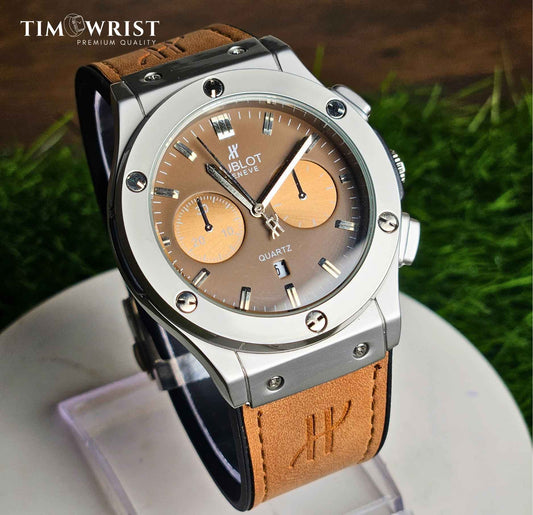 Hublot-Inspired Brown Dial | Silver Case with Brown Leather Strap