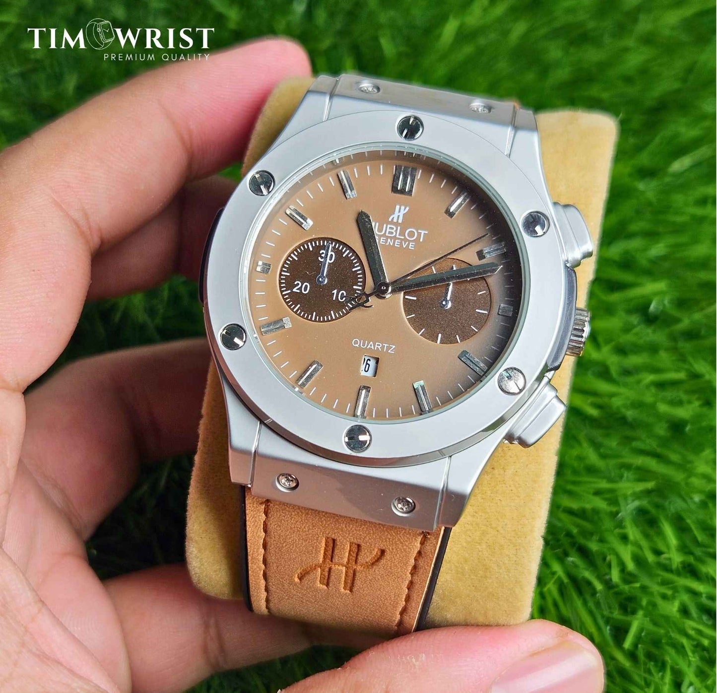 Hublot-Inspired Brown Dial | Silver Case with Brown Leather Strap