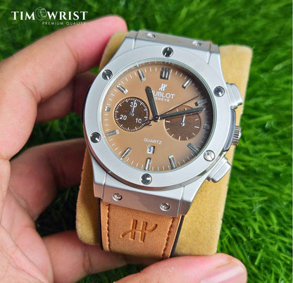 Hublot-Inspired Brown Dial | Silver Case with Brown Leather Strap